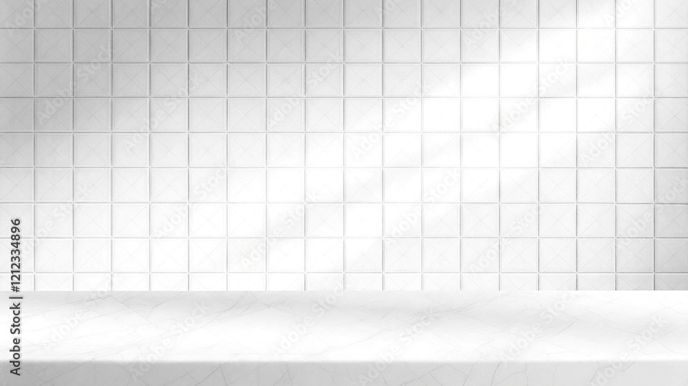 White marble table with a sleek design, complemented by a white tiled wall, ideal for kitchen or product displays.
White marble table with a sleek design, complemented by a white tiled wall, ideal for kitchen or product displays.