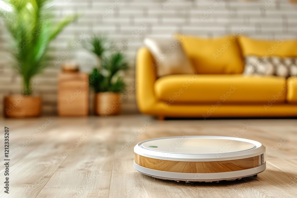 White and wood robotic vacuum cleaner cleaning hardwood floor in modern living room with yellow sofa and houseplants, smart home technology for effortless cleaning