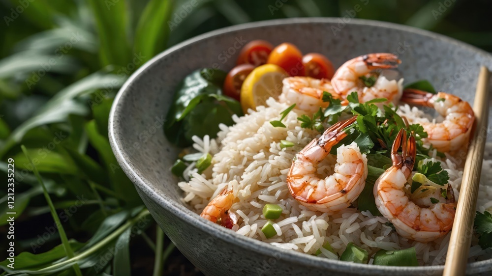A bowl of shrimp and rice garnished with vegetables and herbs, showcasing a delicious meal. A bowl of shrimp and rice garnished with vegetables and herbs, showcasing a delicious meal.