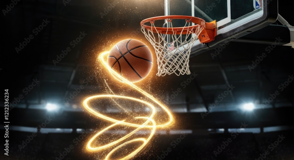 Glowing basketball swirling towards hoop in stadium Glowing basketball swirling towards hoop in stadium