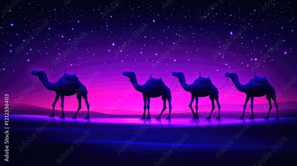A breathtaking desert scene with a shimmering lake and camels silhouetted against the twilight sky. A breathtaking desert scene with a shimmering lake and camels silhouetted against the twilight sky.