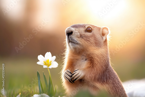 Groundhog standing in meadow, with subtle snow patches and early blooming flowers. Spring arrival concept photo