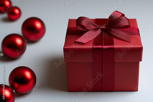 a designed red box with red ribbon a white background photo, shooted by 50cm camera, 1:1, more backrground,3/4 angle photo