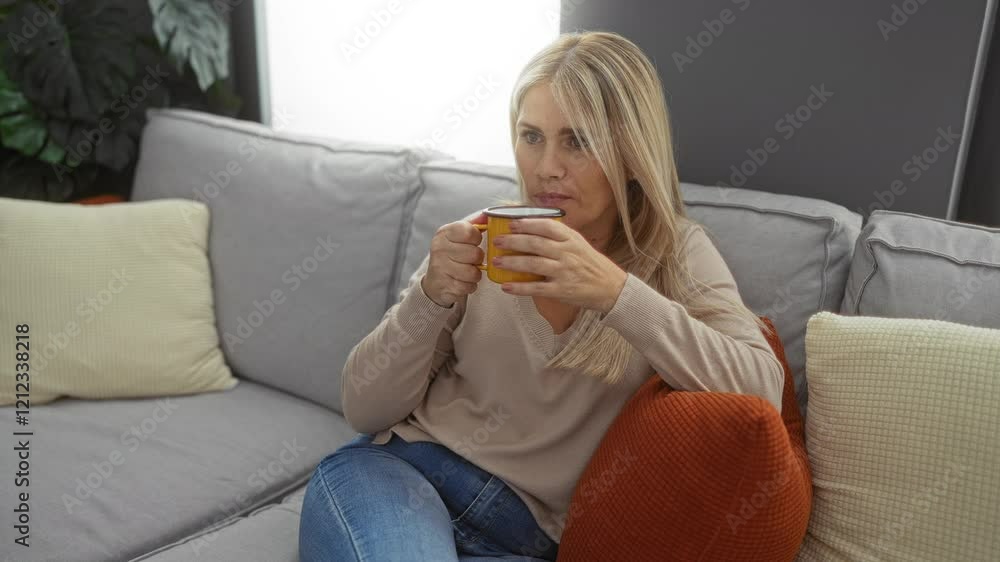 Woman relaxing in living room sipping coffee while seated on grey sofa with colorful cushions in a cozy apartment environment showcasing a calm and peaceful atmosphere. Woman relaxing in living room sipping coffee while seated on grey sofa with colorful cushions in a cozy apartment environment showcasing a calm and peaceful atmosphere.