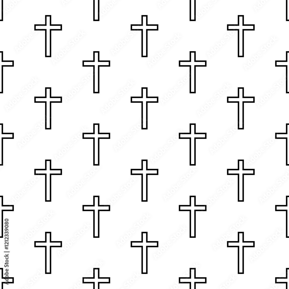 Fototapeta premium Black christian outline crosses on white background. Vector seamless pattern.