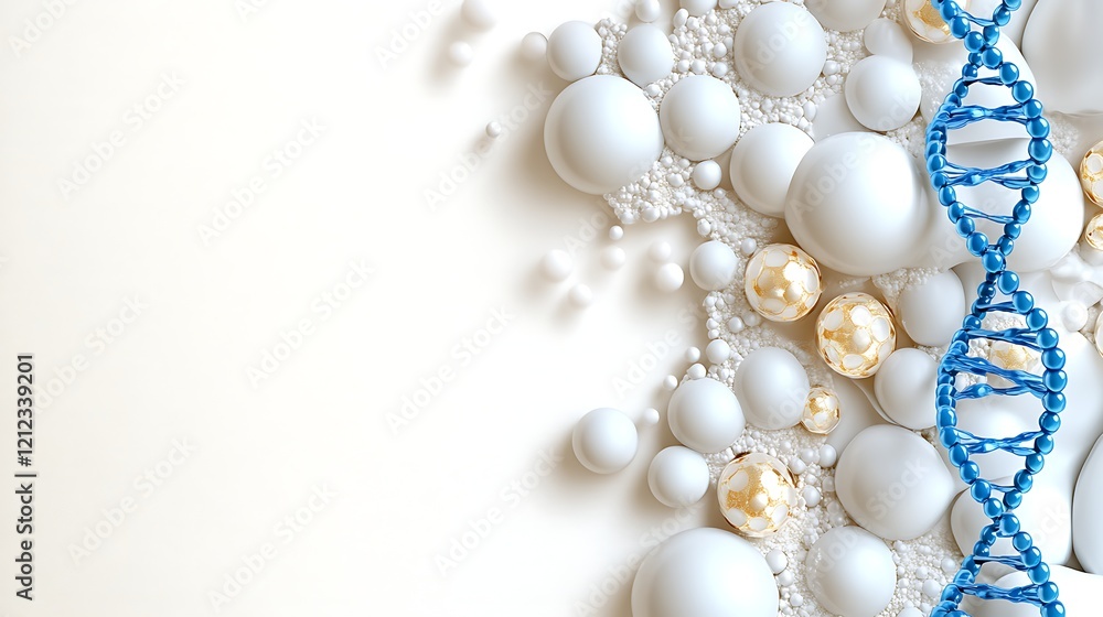 DNA Strand White Bubbles Gold Spheres Science Background DNA Strand White Bubbles Gold Spheres Science Background