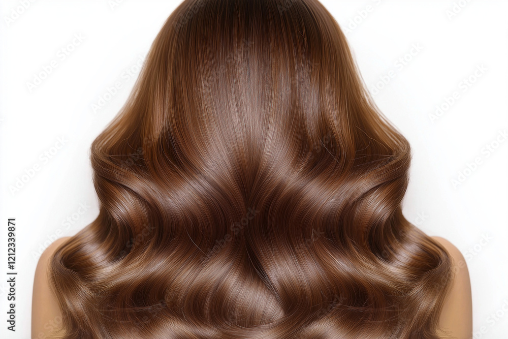 Fototapeta premium Dark brown, shiny, and wavy hairstyle on a white background. Close-up of the back of a woman's long, curly, dark chestnut-colored head with flowing waves. Luxurious, premium qualit