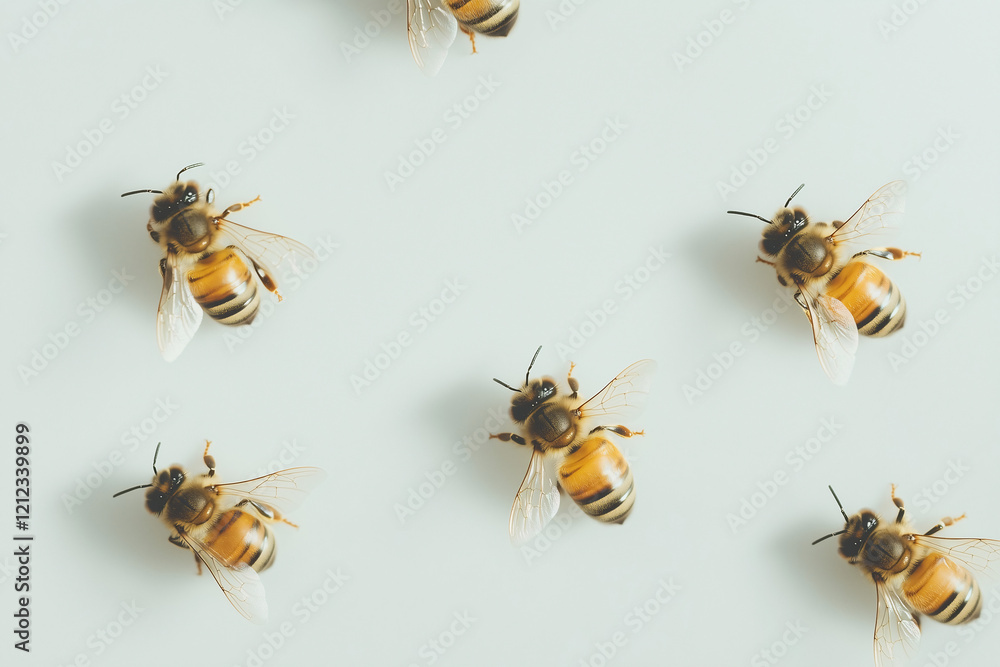 Honeybee Ensemble: A captivating arrangement of five honeybees with their intricate wings spread, suspended in mid-air. Honeybee Ensemble: A captivating arrangement of five honeybees with their intricate wings spread, suspended in mid-air.