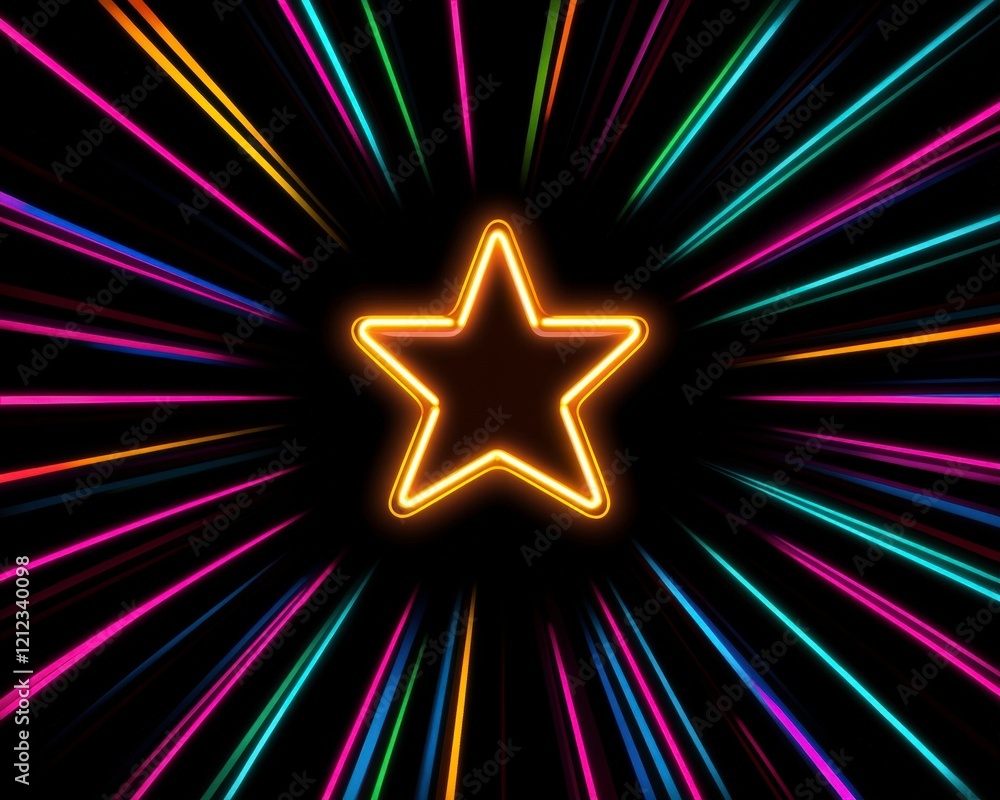A glowing star surrounded by vibrant rays of light on a black background. A glowing star surrounded by vibrant rays of light on a black background.