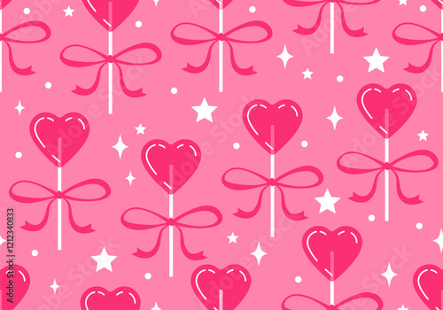 Seamless pattern with heart lollipop. Romantic love sugar caramel symbol. candy heart shape. Valentine day celebration. Cute love drawings. Strawberry flavoured candies. 14 February greetings