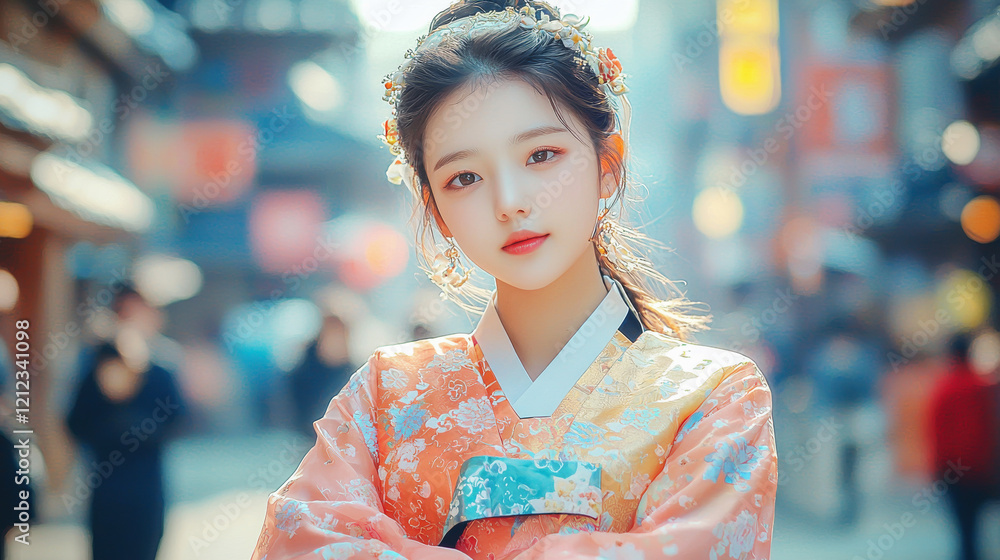 Teenager wearing modernized Korean hanbok poses confidently in vibrant urban street scene Teenager wearing modernized Korean hanbok poses confidently in vibrant urban street scene