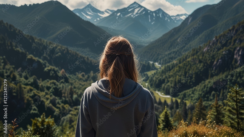 Back view of unrecognizable girl delving into the beauty of mountain meditation - Generative AI Back view of unrecognizable girl delving into the beauty of mountain meditation - Generative AI