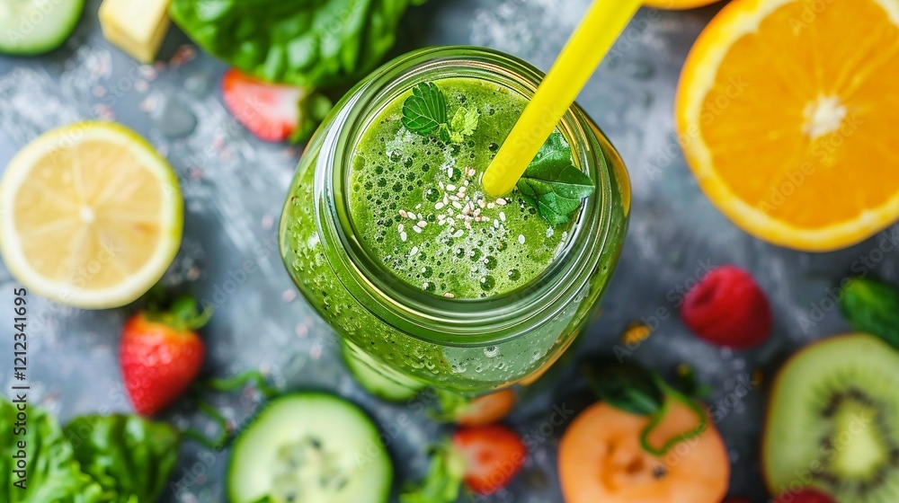 Glass jar with delicious detox smoothie image, ai generated. Eating healthy with delicious drink of fresh ingredients photography scene wallpaper. Taking care of yourself concept photorealistic photo Glass jar with delicious detox smoothie image, ai generated. Eating healthy with delicious drink of fresh ingredients photography scene wallpaper. Taking care of yourself concept photorealistic photo