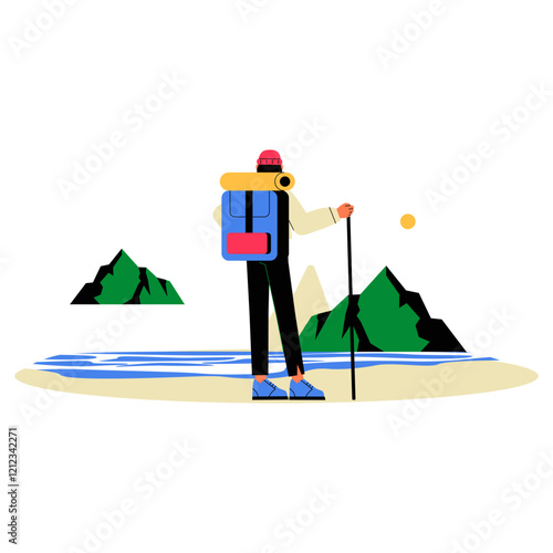 Hiker Exploring Scenic Mountains In Flat Vector Illustration Symbolizing Adventure, Travel, And Outdoor Exploration, Isolated On White Background