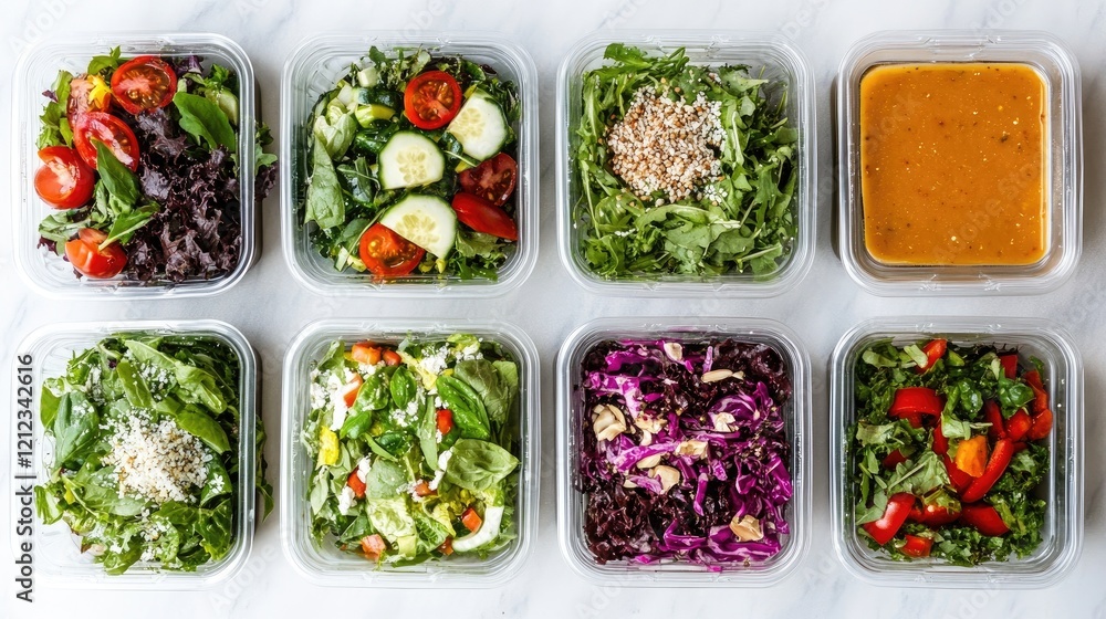 Pre-packed salad kits with individual compartments for dressing and toppings on a white background. Pre-packed salad kits with individual compartments for dressing and toppings on a white background.