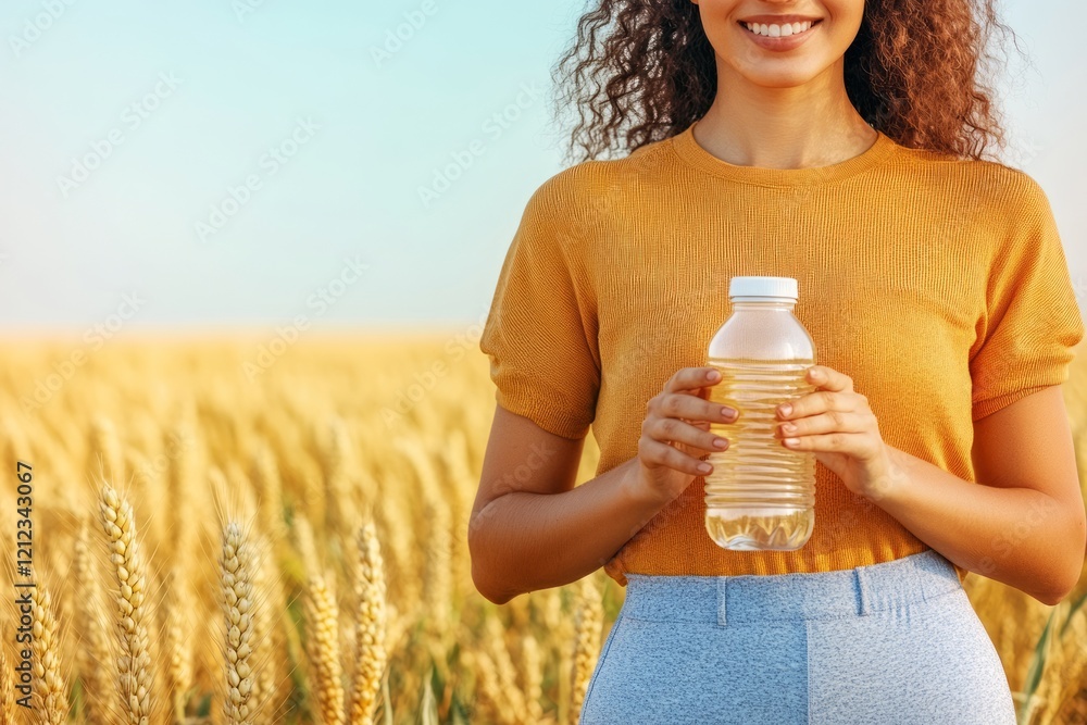 Curly haired woman smiling, gripping reusable water bottle while standing amid golden wheat, embodying eco friendly wellness and hydration