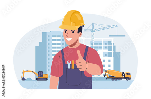 Cheerful builder showing thumbs up gesture against construction site background. Vector illustration.