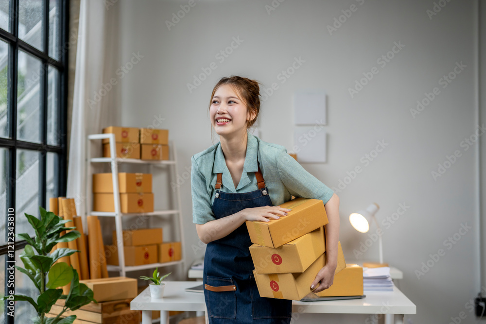 A woman is smiling while carrying a stack of boxes A woman is smiling while carrying a stack of boxes