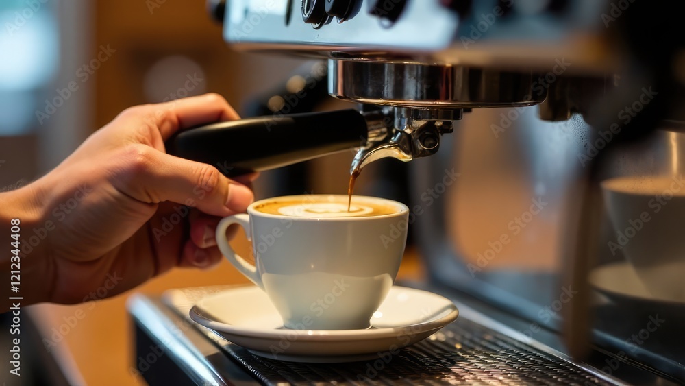 A barista's hand prepares a cappuccino with an espresso machine. Concept of: Coffee preparation. A barista's hand prepares a cappuccino with an espresso machine. Concept of: Coffee preparation.
