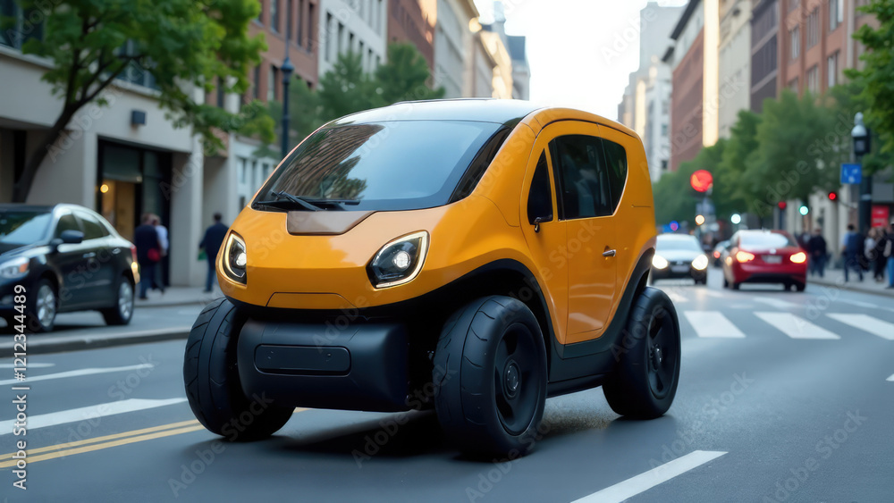 A yellow autonomous delivery robot vehicle travels on a city street among other traffic. Concept of: Smart and efficient city transport. A yellow autonomous delivery robot vehicle travels on a city street among other traffic. Concept of: Smart and efficient city transport.