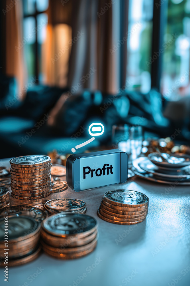 Profit Button Device Money Coins Stack Finance Investment Wealth Gain Earnings Success Icon Digital Technology Profit Button Device Money Coins Stack Finance Investment Wealth Gain Earnings Success Icon Digital Technology