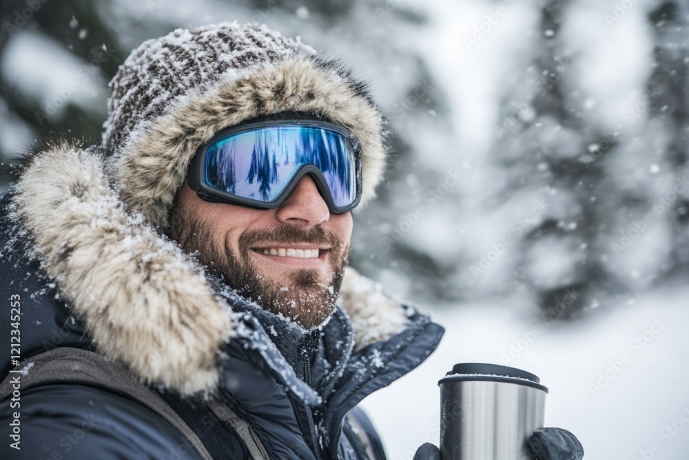 Adventurous explorer standing in snowy forest, wearing warm parka and goggles, sipping hot drink during gentle snowfall