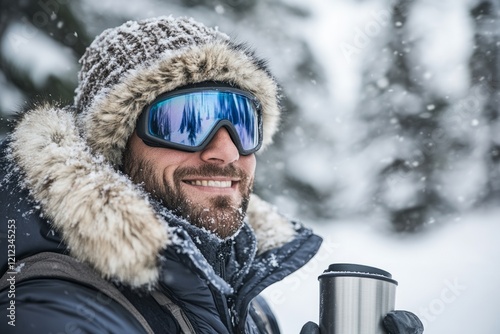 Adventurous explorer standing in snowy forest, wearing warm parka and goggles, sipping hot drink during gentle snowfall