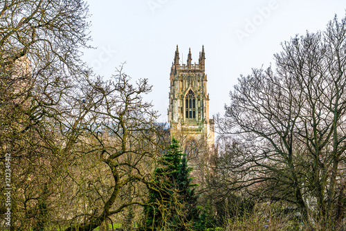 York, Yorkshire, England UK: York Minster, the Cathedral and Metropolitical Church of Saint Peter in York beyound empty tree branches photo