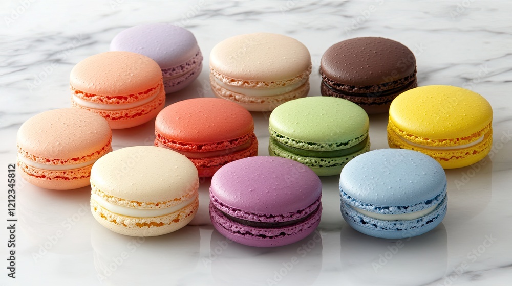 Fototapeta premium A colorful assortment of macarons in vibrant pastel shades on a marble background. Blank space for text.