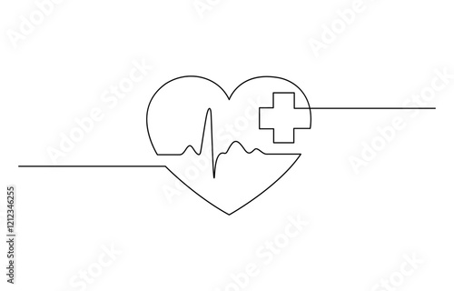 Heart with Heartbeat Sign and with Cross continuous one line drawing, Continuous line drawing of medical cross and heart love with heartbeat, Vector illustration.