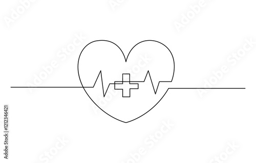 Heart with Heartbeat Sign and with Cross continuous one line drawing, Continuous line drawing of medical cross and heart love with heartbeat, Vector illustration.