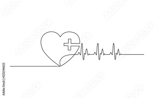 Heart with Heartbeat Sign and with Cross continuous one line drawing, Continuous line drawing of medical cross and heart love with heartbeat, Vector illustration.