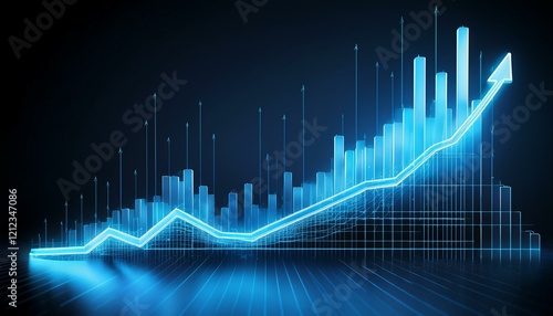 a 3d rendered economic growth graph on an abstract dark background shows a soaring financial curve in bluescale