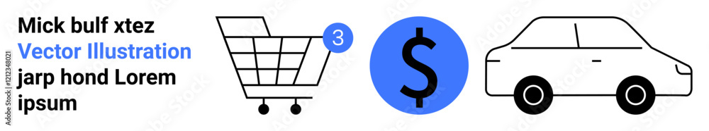Shopping cart with notification bubble, blue dollar sign, and car vector. Ideal for e-commerce, retail, shopping, sales, delivery, finance, and online business. Landing page Shopping cart with notification bubble, blue dollar sign, and car vector. Ideal for e-commerce, retail, shopping, sales, delivery, finance, and online business. Landing page