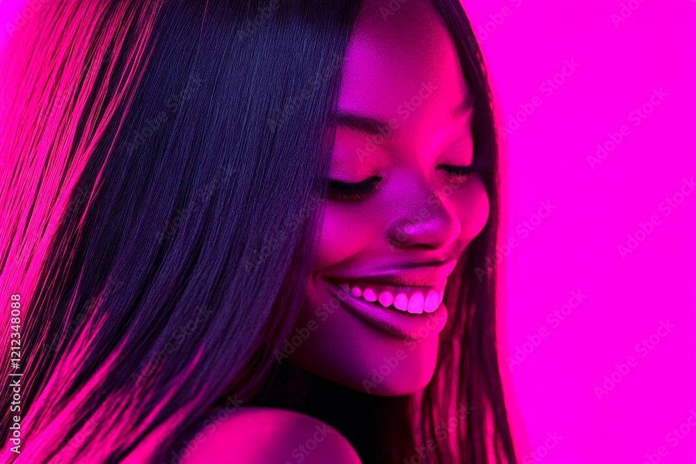 Fototapeta premium Long haircut - straight hair. Commercial commercial idea. Pretty smiling black girl - for ads, magazine ad and digital marketing use. Long hair glamour. Black elegance fashion. Long hair mode.