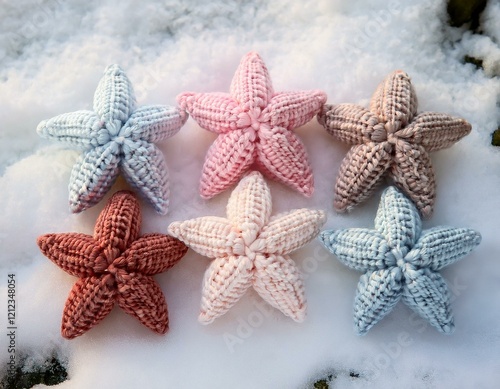 five crochet stars in delicate pastel shades lie gracefully on a snowy surface bringing soft texture and playful aesthetics to the wintry backdrop photo