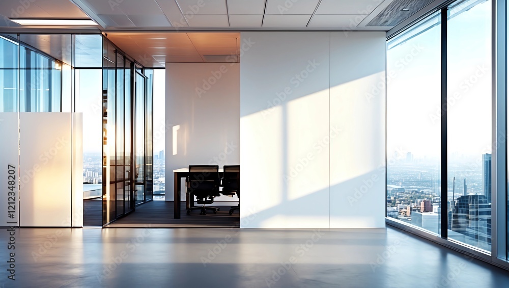 Obraz premium Blank white wall in concrete office with large windows Mockup 3D rendering