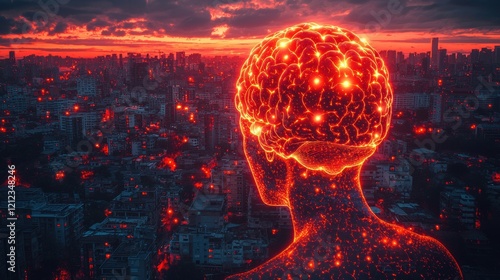 Sunset Over City with Human Brain and Neural Connections Visual