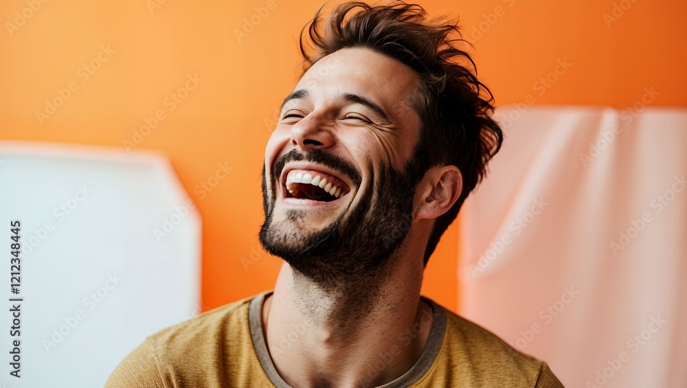 Obraz premium Man laughing in orange studio, close up 