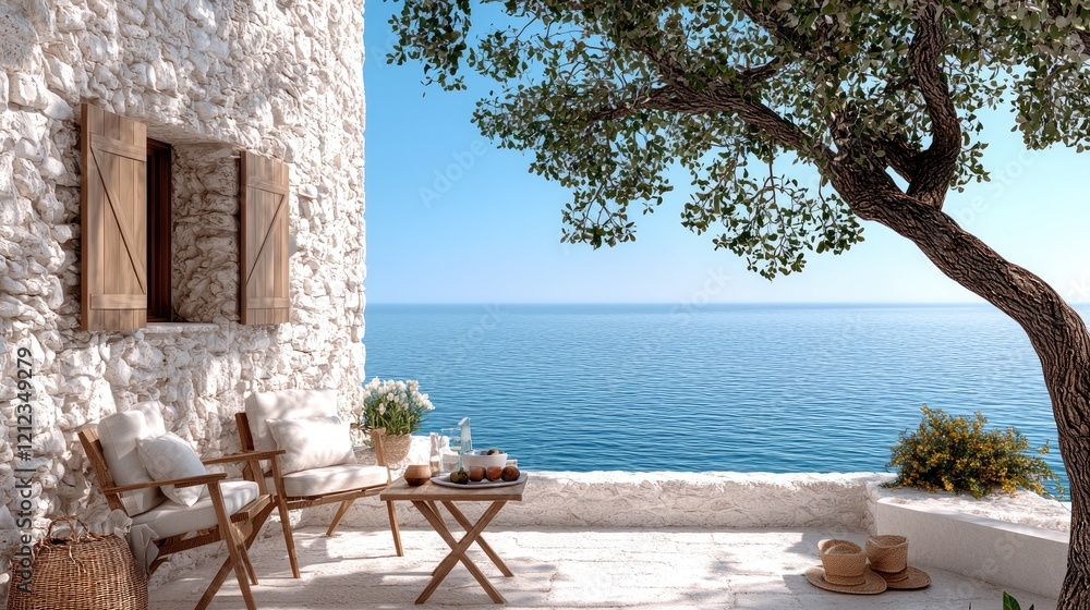 © Giman - Mediterranean patio ocean view; relaxing outdoor furniture; summer holiday