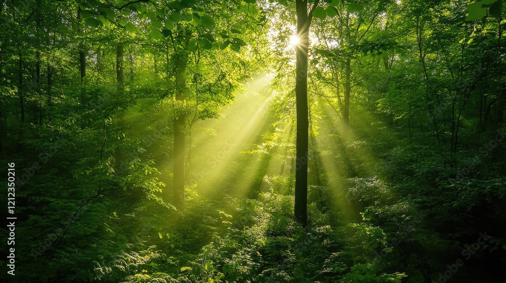 Obraz premium Lush green forest with sunlight filtering through the trees, top view.