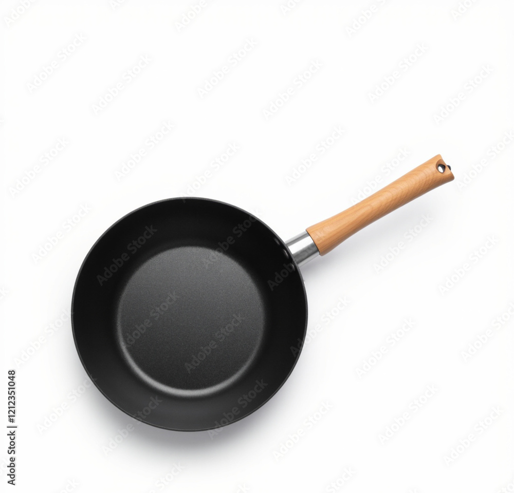 A non-stick frying pan with a wooden handle, positioned flat on a white background to highlight its modern design A non-stick frying pan with a wooden handle, positioned flat on a white background to highlight its modern design
