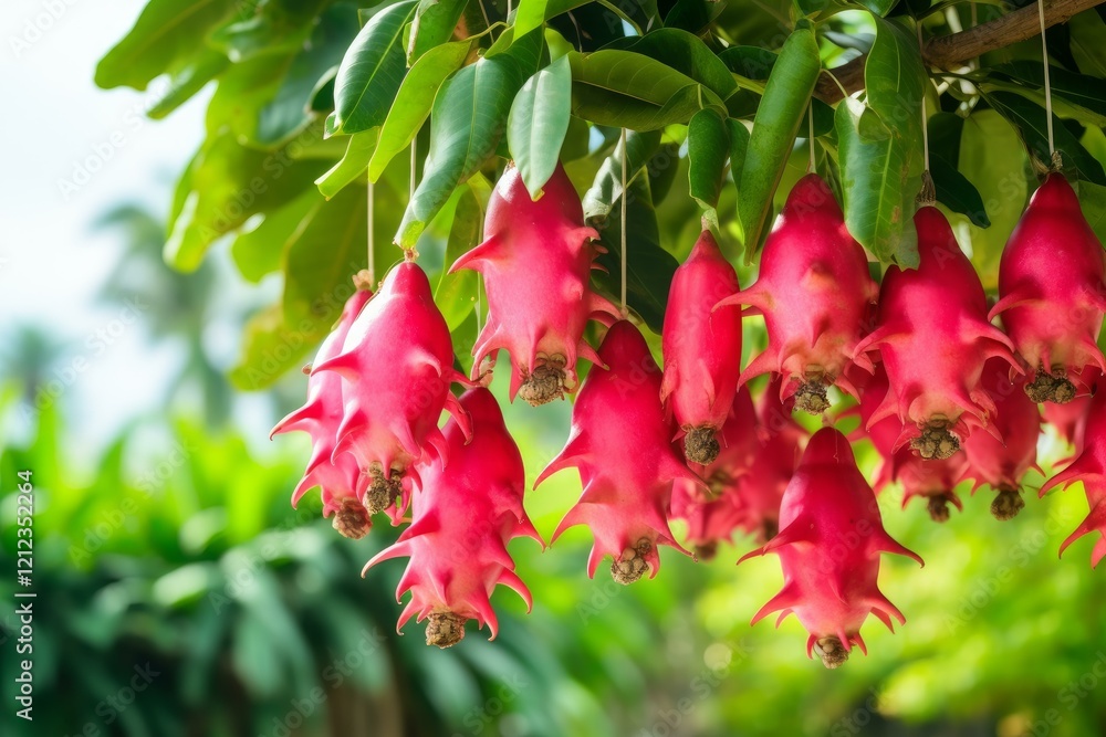 Φωτογραφία Close up of fresh, ripe dragon fruits growing on a tree branch in a lush tropica
