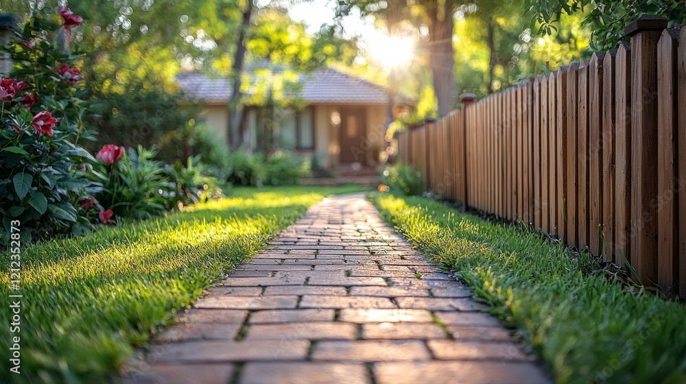 A quaint brick walkway meanders through a lush garden, flanked by a rustic wooden fence A quaint brick walkway meanders through a lush garden, flanked by a rustic wooden fence