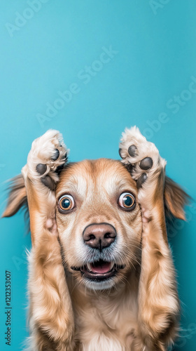 A cute dog is making silly faces with its paws, displaying a funny and humorous expression