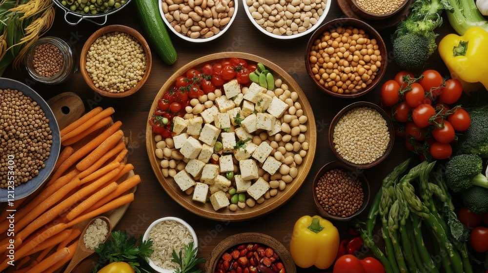 A serene depiction of a vegan dinner spread, featuring tofu, legumes A serene depiction of a vegan dinner spread, featuring tofu, legumes