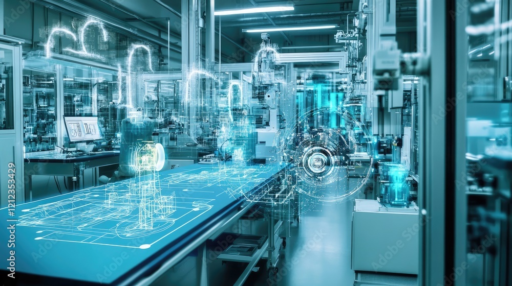 A futuristic lab with glowing devices and digital blueprints. A futuristic lab with glowing devices and digital blueprints.