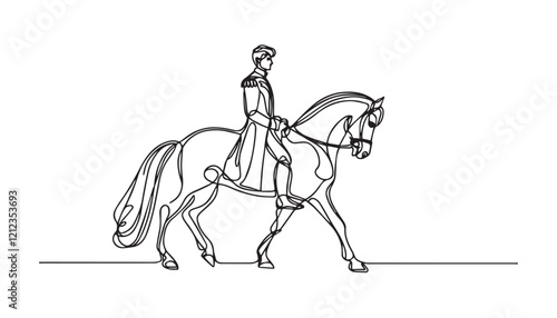 Continuous one single minimal line drawing horse with man