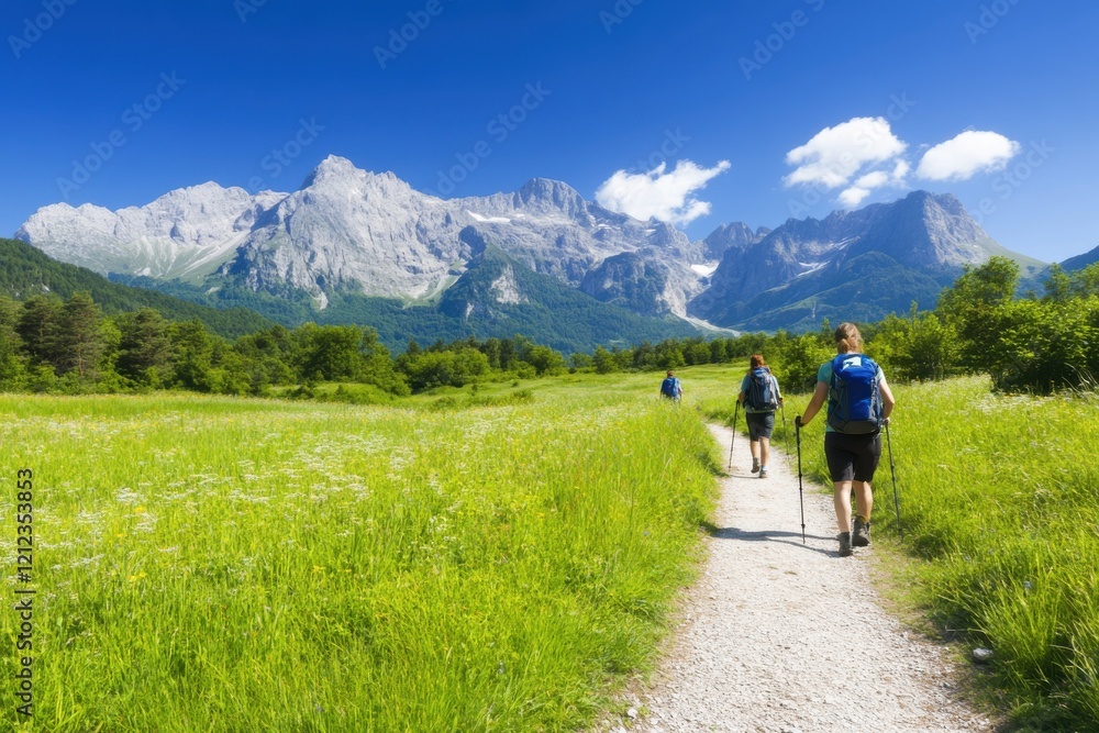 A scenic hiking trail with lush green fields, towering mountains, and clear blue skies, where people trek amidst nature's beauty. A scenic hiking trail with lush green fields, towering mountains, and clear blue skies, where people trek amidst nature's beauty.