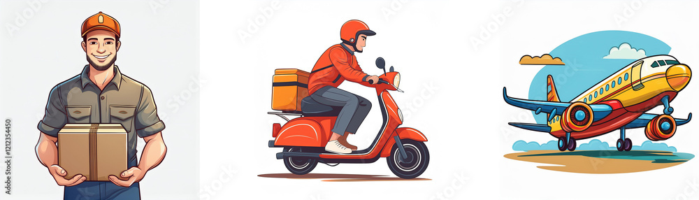 Delivery methods shown: a person carrying a package, scooter delivery, and airplane cargo. Fast and efficient shipping options are illustrated. Delivery methods shown: a person carrying a package, scooter delivery, and airplane cargo. Fast and efficient shipping options are illustrated.
